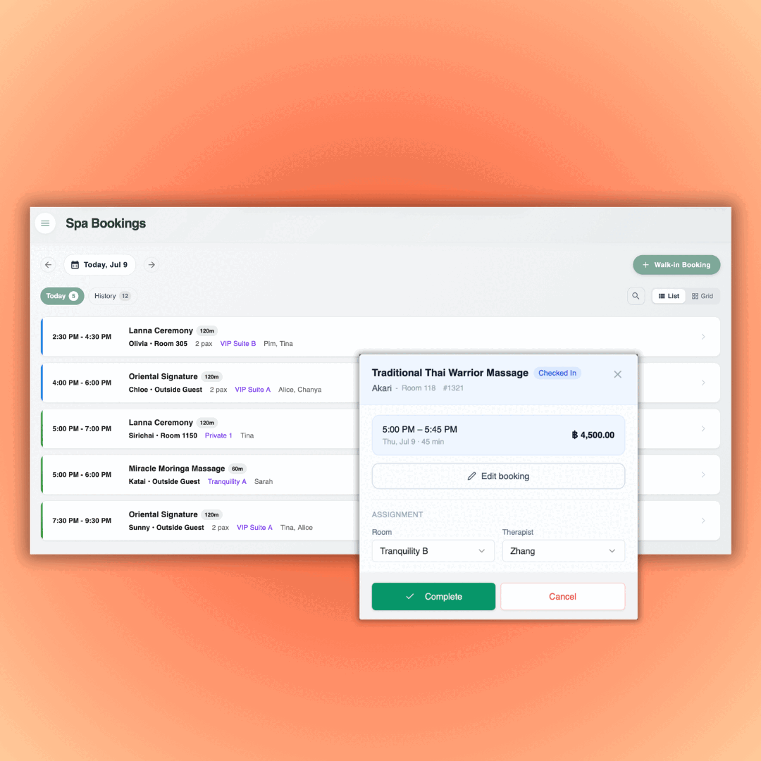 Spa booking status board from requested to completed